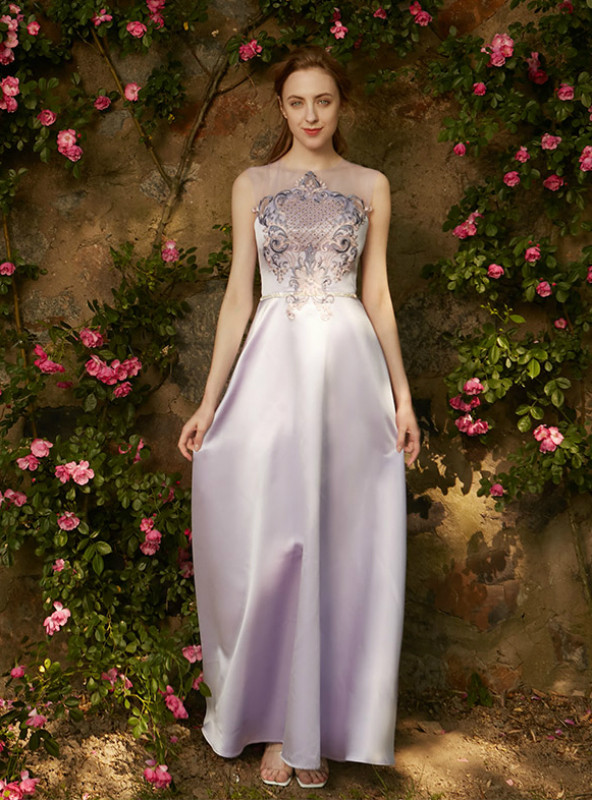 In Stock:Ship in 48 hours Purple Satin Embroidery Long Dress
