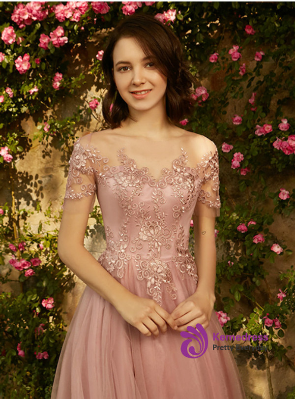In Stock:Ship in 48 hours Pink Cap Sleeve Tea Length Bridesmaid Dress