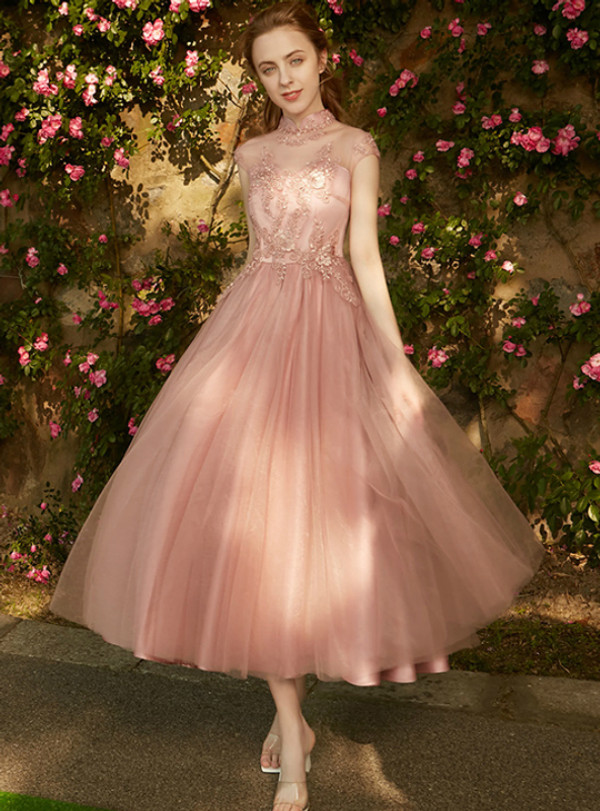 In Stock:Ship in 48 hours High Neck Tulle Tea Length Bridesmaid Dress