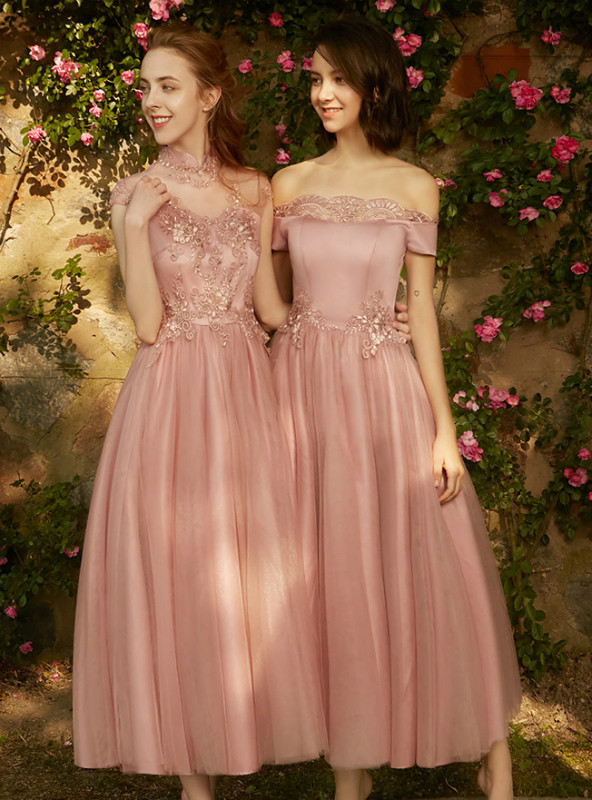 In Stock:Ship in 48 hours Off The Shoulder Tulle Appliques Bridesmaid Dress