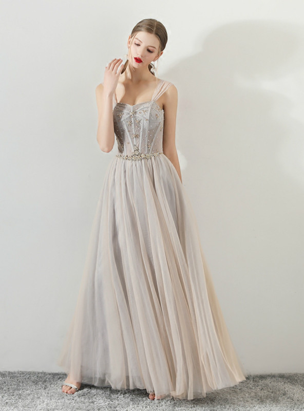 In Stock:Ship in 48 hours Gray Spaghetti Straps Tulle Prom Dress