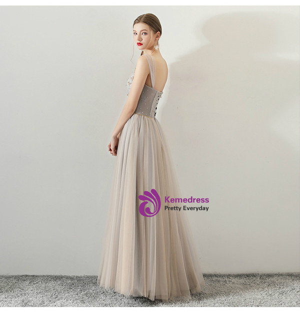 In Stock:Ship in 48 hours Gray Spaghetti Straps Tulle Prom Dress