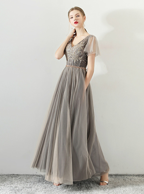 In Stock:Ship in 48 hours Gray V-neck Tulle With Beading Prom Dress