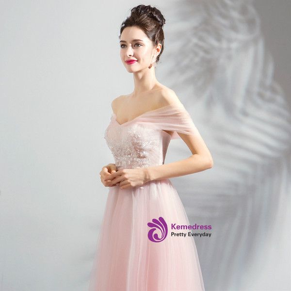 In Stock:Ship in 48 hours Pink Off The Shoulder Tea Length Prom Dress
