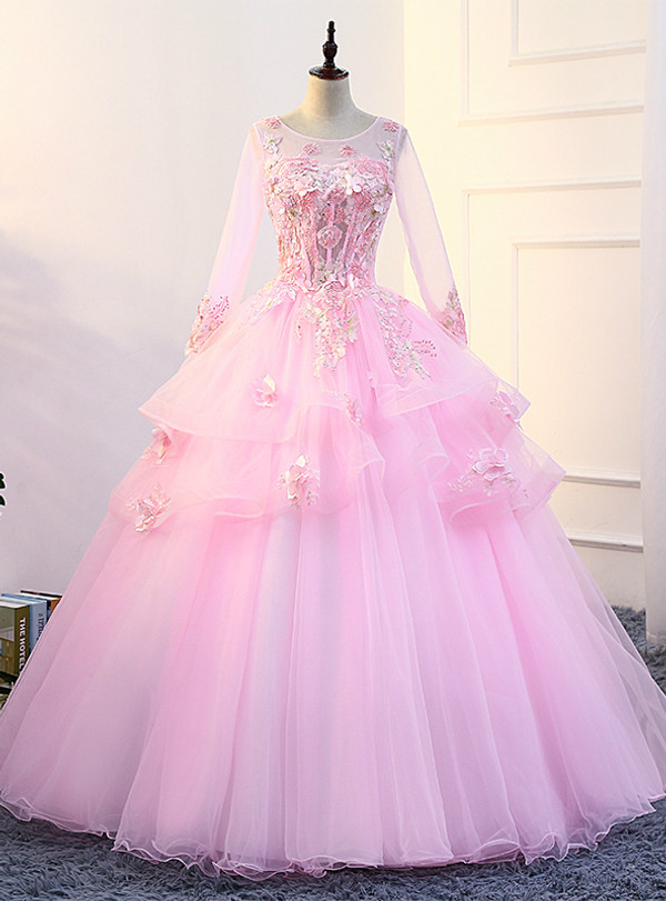 In Stock:Ship in 48 hours Pink Long Sleeve Quinceanera Dresses
