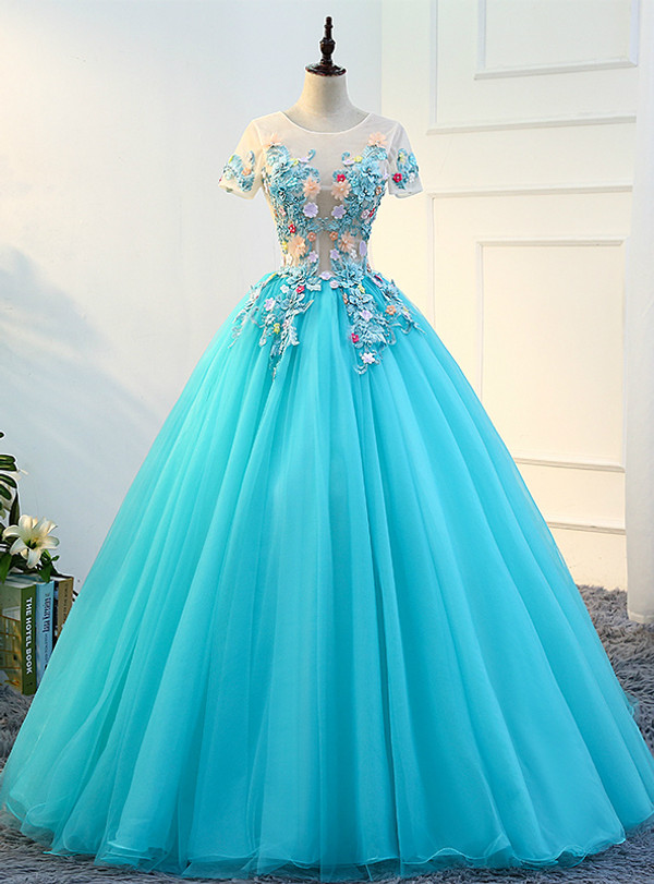 In Stock:Ship in 48 hours Blue Tulle Short Sleeve Quinceanera Dresses