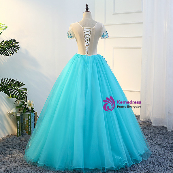 In Stock:Ship in 48 hours Blue Tulle Short Sleeve Quinceanera Dresses