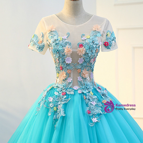 In Stock:Ship in 48 hours Blue Tulle Short Sleeve Quinceanera Dresses