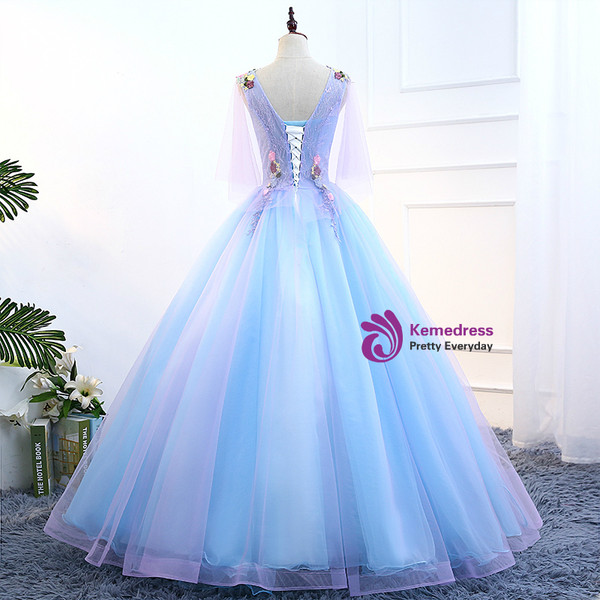 In Stock:Ship in 48 hours Blue V-neck Tulle Floor Length Quinceanera Dresses