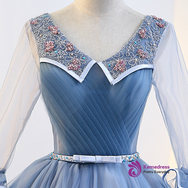 In Stock:Ship in 48 hours Blue Long Sleeve Tulle Quinceanera Dresses