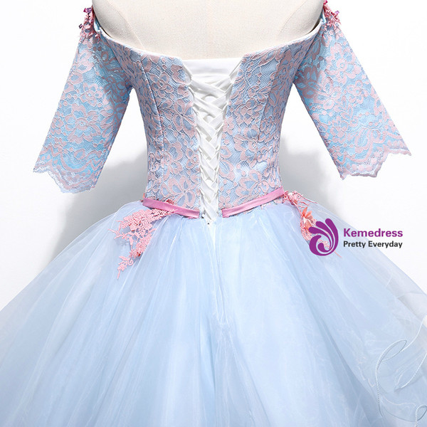 In Stock:Ship in 48 hours Blue Short Sleeve Lace Quinceanera Dresses