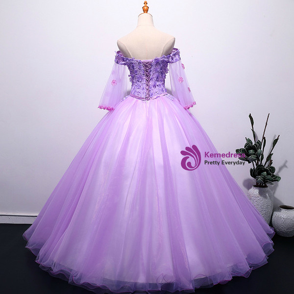 In Stock:Ship in 48 hours Purple Appliques Tulle Quinceanera Dresses