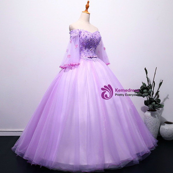 In Stock:Ship in 48 hours Purple Appliques Tulle Quinceanera Dresses