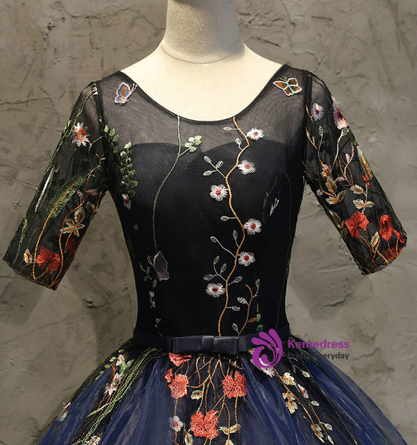 In Stock:Ship in 48 hours Blue Short Sleeve Embroidery Quinceanera Dresses