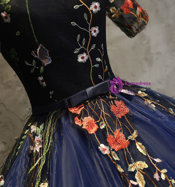 In Stock:Ship in 48 hours Blue Short Sleeve Embroidery Quinceanera Dresses