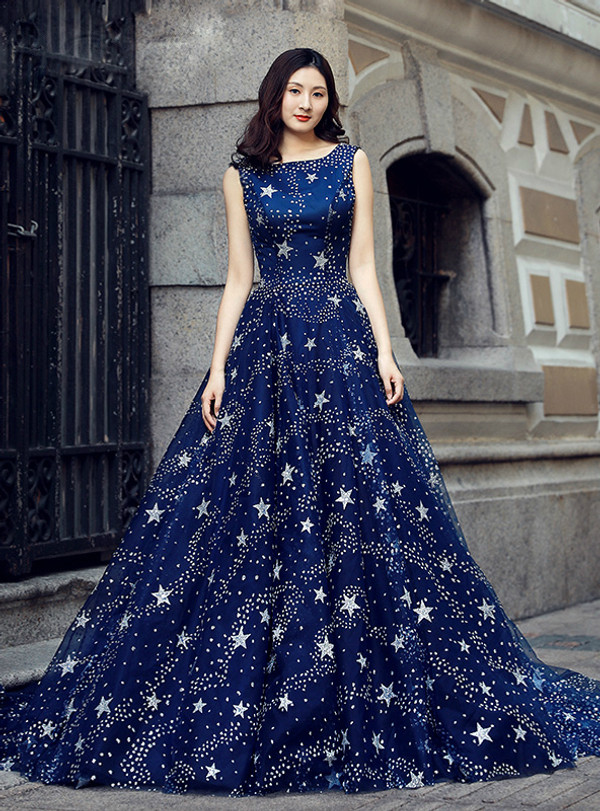 Blue Ball Gown Tulle Sequins Bling Bling Backless Wedding Dress