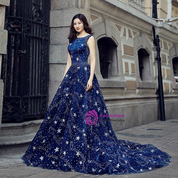 Blue Ball Gown Tulle Sequins Bling Bling Backless Wedding Dress