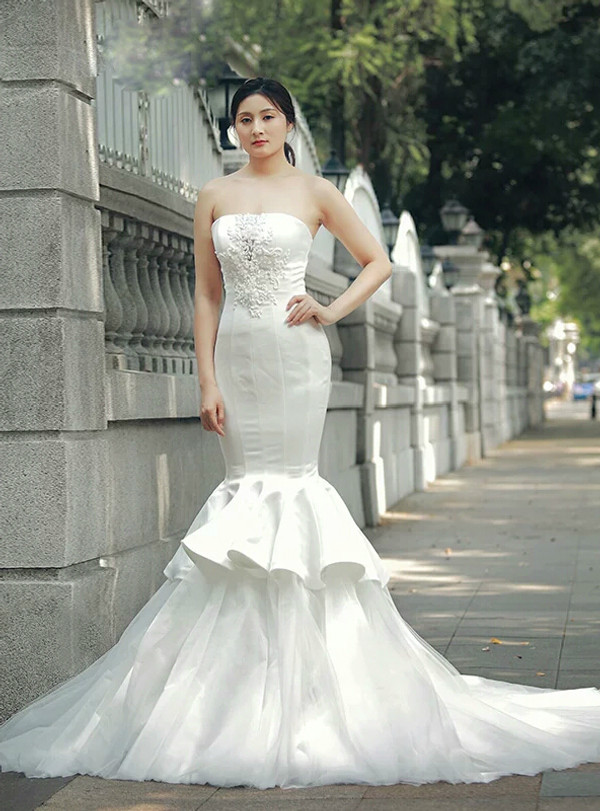 White Mermaid Strapless Tulle Satin With Beading Wedding Dress