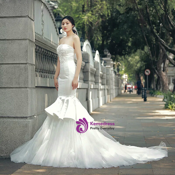 White Mermaid Strapless Tulle Satin With Beading Wedding Dress