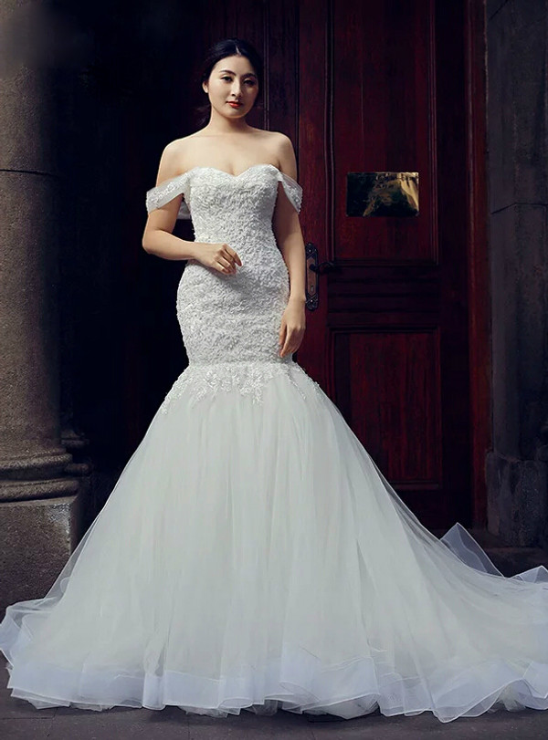 White Mermaid Tulle Off The Shoulder Appliques Wedding Dress