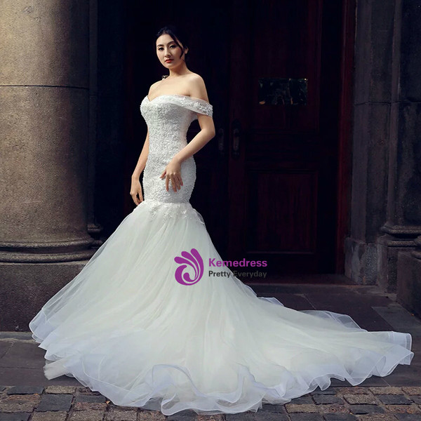White Mermaid Tulle Off The Shoulder Appliques Wedding Dress