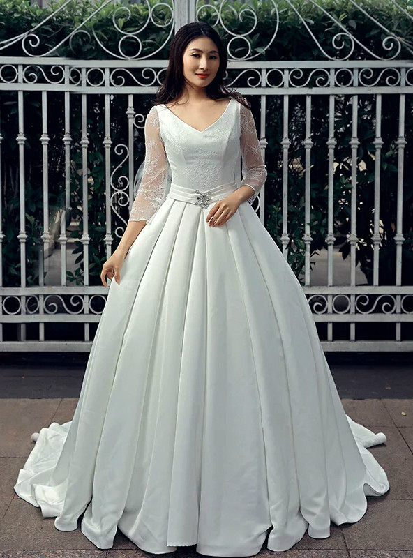 White Satin V-neck Backless Lace Long Sleeve Wedding Dress
