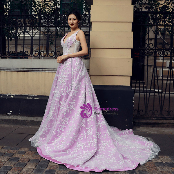 Purple V-neck Backless Tulle Appliques Train Wedding Dress
