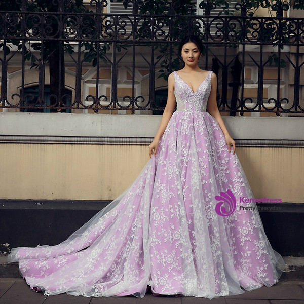 Purple V-neck Backless Tulle Appliques Train Wedding Dress