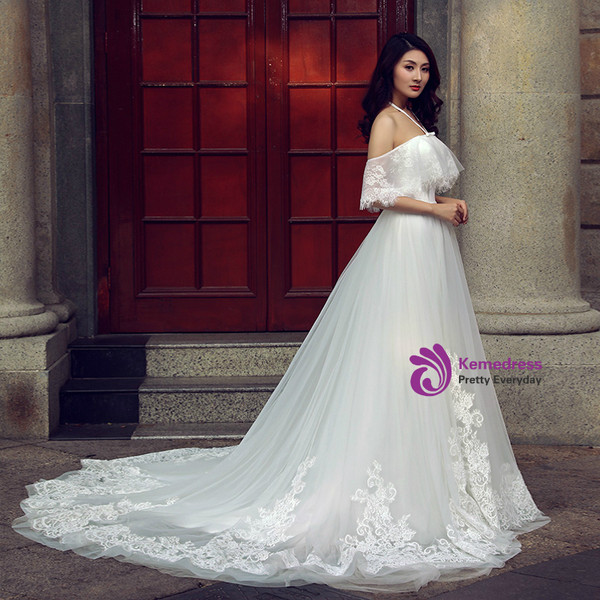 A-line White Tulle Lace Halter Backless Train Wedding Dress