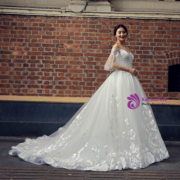 White Ball Gown Tulle Appliques Off The Shoulder Wedding Dress