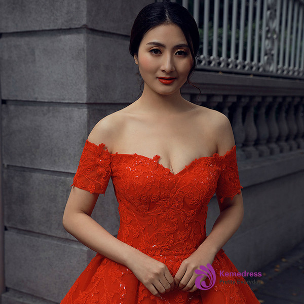 Red Ball Gown Tulle Off The Shoulder Appliques Short Sleeve Wedding Dress