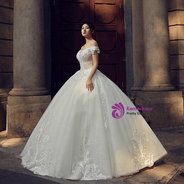 White Ball Gown Off The Shoulder Appliques Floor Length Wedding Dress