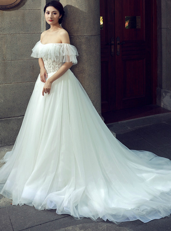 White Ball Gown Off The Shoulder Tulle Lace Backless Wedding Dress