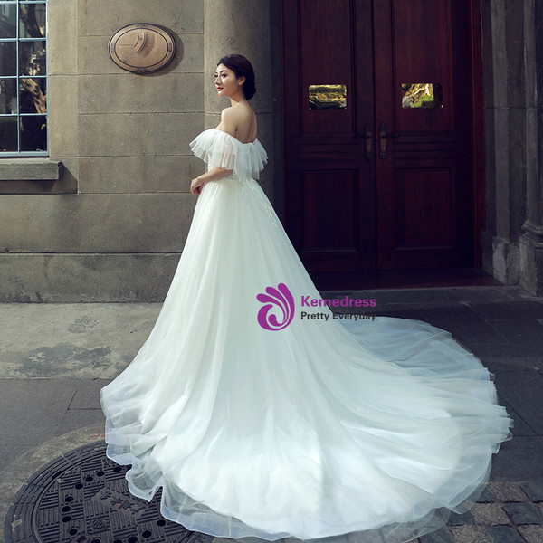 White Ball Gown Off The Shoulder Tulle Lace Backless Wedding Dress