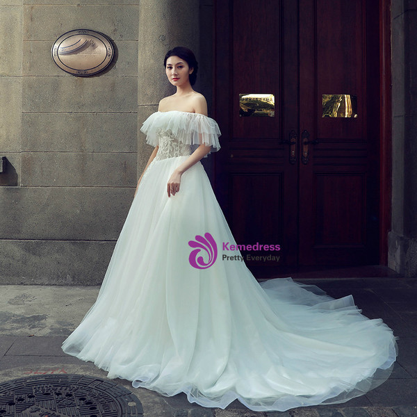 White Ball Gown Off The Shoulder Tulle Lace Backless Wedding Dress