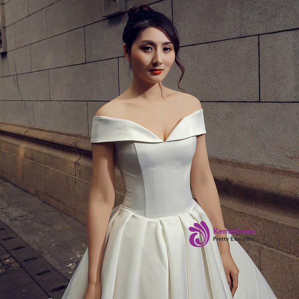 White Ball Gown Satin Off The Shoulder Lace Appliques Wedding Dress