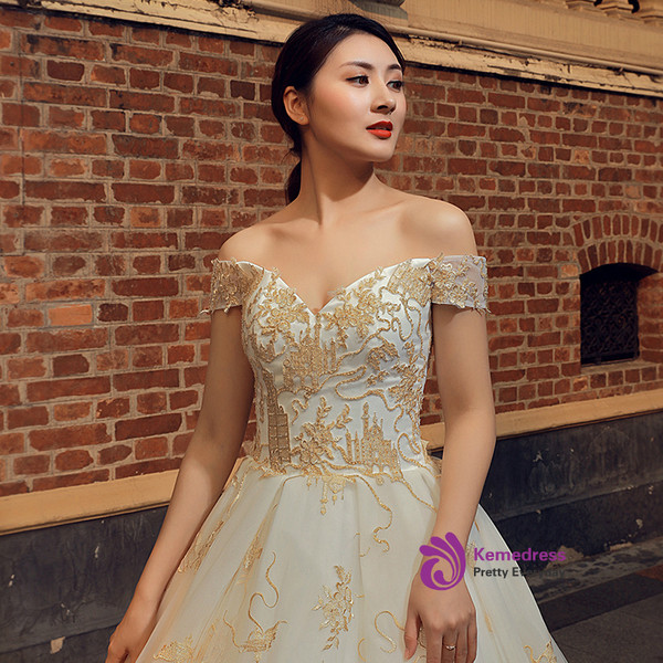 White Ball Gown Tulle Gold Appliques Off The Shoulder Wedding Dress