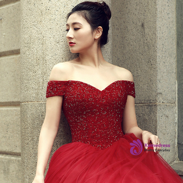 Burgundy Ball Gown Off The Shoulder With Beading Wedding Dress
