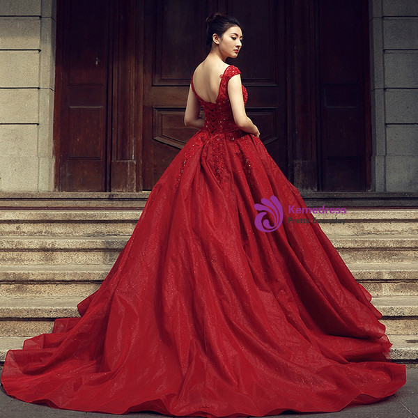 Burgundy Ball Gown Bateau Tulle Backless Appliques Wedding Dress