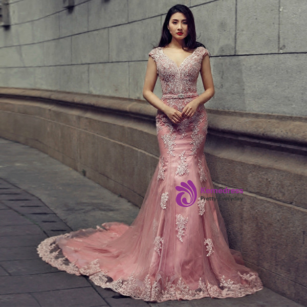 Pink Mermaid V-neck Backless Tulle Appliques Wedding Dress