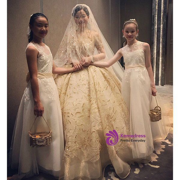 Champagne Ball Gown Sequins Short Sleeve Long Train Wedding Dress