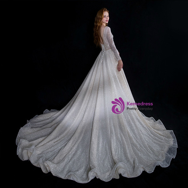 Light Champagne Long Sleeve V-neck Backless Sequins Wedding Dress