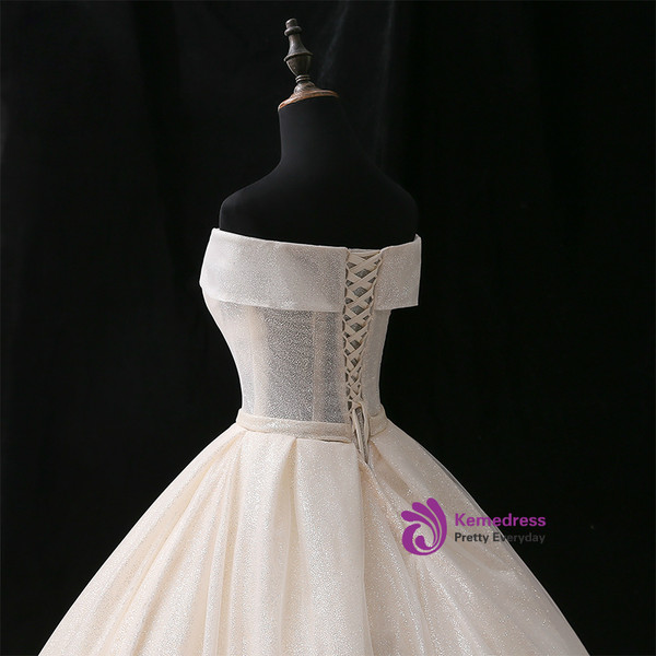 Champagne Ball Gown Sequins Off The Shoulder Long Train Wedding Dress