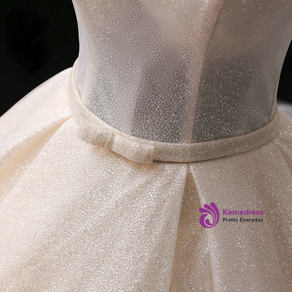 Champagne Ball Gown Sequins Off The Shoulder Long Train Wedding Dress