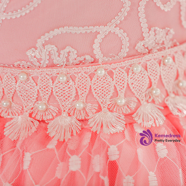 In Stock:Ship in 48 Hours Pink Cap Sleeve With Pearls Little Girl Dress