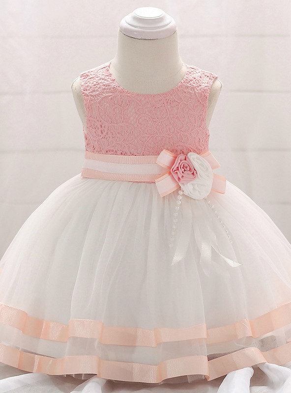 In Stock:Ship in 48 Hours White Tulle Pink Lace Little Girl Dress