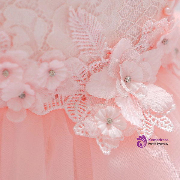 In Stock:Ship in 48 Hours Pink Cap Sleeve Lace Little Girl Dress