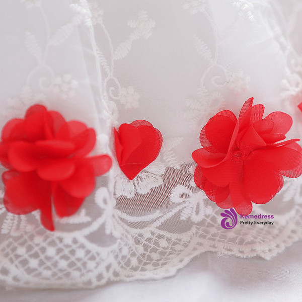 In Stock:Ship in 48 Hours White Lace Red Flower Little Girl Dress