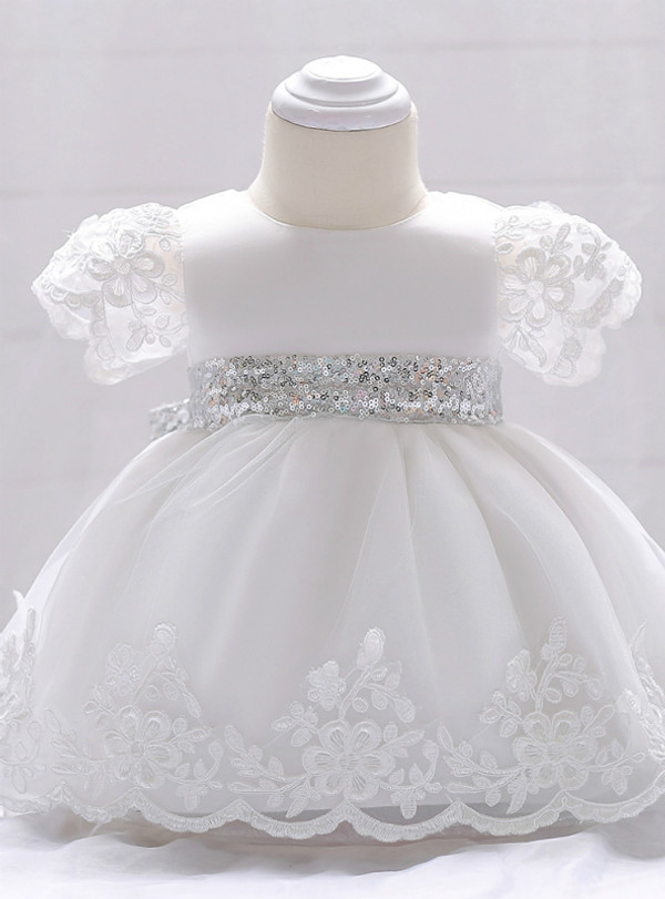 In Stock:Ship in 48 Hours White Short Sleeve Sequins Girl Dress