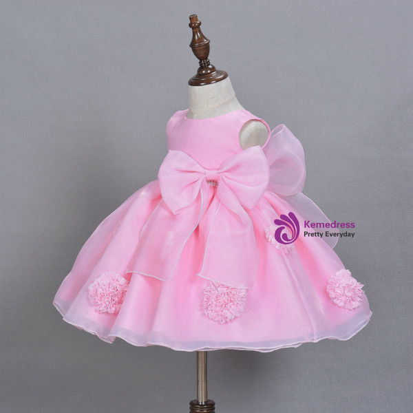 In Stock:Ship in 48 Hours Pink Organza With Bow Little Girl Dress
